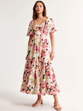 Abercrombie & Fitch Twist-Front Tiered Pink Floral Print Midi Dress Size XS